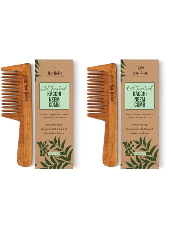 Nat Habit Kacchi Neem Wooden Comb - Soaked In 17 Herbs, Neem & Sesame Oil For Multi-Actions - Detangling, Frizz Control & Shine Suited For All Hair Types (Wide Tooth) (Pack of 2) - Image 1